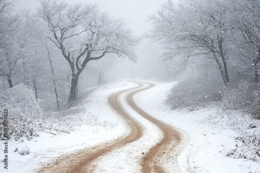 On a winter morning in Slovenia, the sight of a snowy mountain forest with a view of a dirty road. On a winter morning in Slovenia, the sight of a snowy mountain forest with a view of a dirty road.