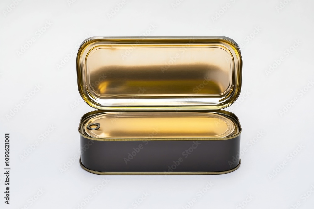 A metal tin container with its lid partially opened, placed on a clean white surface A metal tin container with its lid partially opened, placed on a clean white surface
