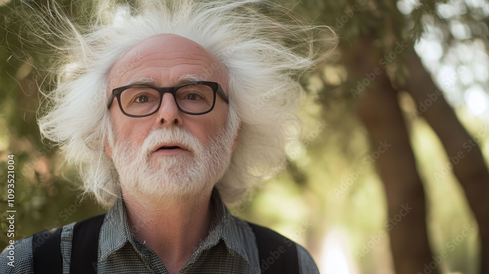Elderly man with thin wispy white hair that seems static-y and difficult to style Elderly man with thin wispy white hair that seems static-y and difficult to style