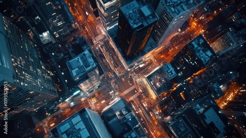 Aerial night view of city intersection, skyscrapers, and illuminated streets.