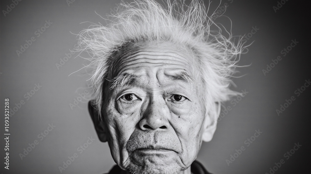 Elderly man with thin wispy white hair that seems static-y and difficult to style Elderly man with thin wispy white hair that seems static-y and difficult to style