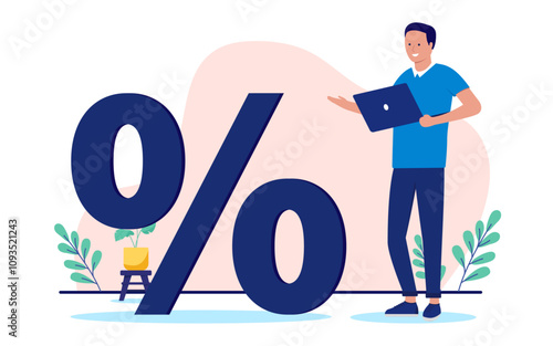 Person and percentage sign - One man standing with laptop computer looking at symbol for percent. Finance, tax, and savings concept in flat design vector illustration on white background