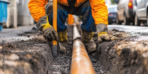 A person in an orange jacket performs maintenance on a pipe, potentially in a industrial or utility setting