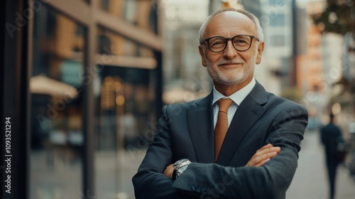 Senior man dressed in formal attire confidently crossing arms with charm