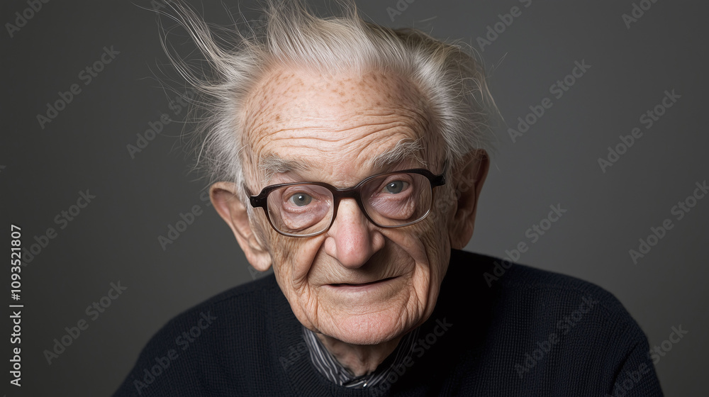 Elderly man with thin wispy white hair that seems static-y and difficult to style Elderly man with thin wispy white hair that seems static-y and difficult to style