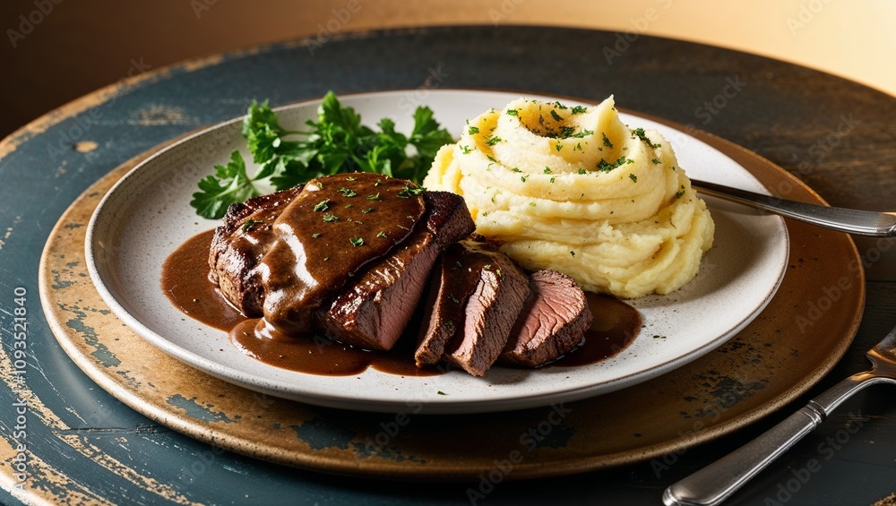 Tender beef with gravy and creamy mashed potatoes on elegant plate with garnish in fine dining style Tender beef with gravy and creamy mashed potatoes on elegant plate with garnish in fine dining style