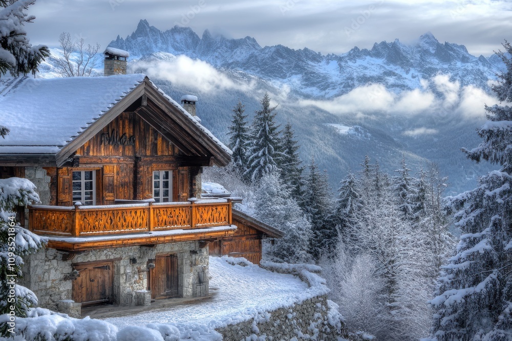 Rustic wooden cabin surrounded by snowy mountains and evergreen trees Rustic wooden cabin surrounded by snowy mountains and evergreen trees
