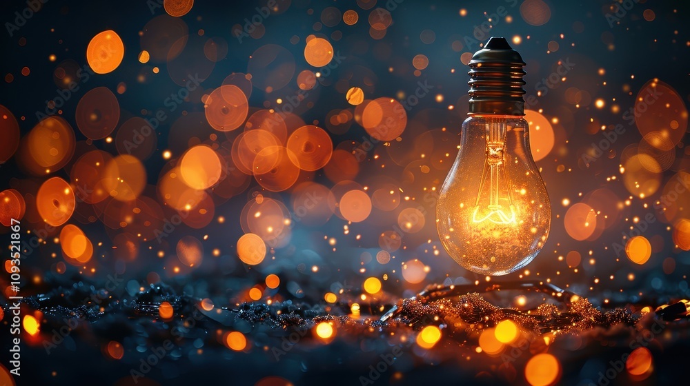 Light bulb surrounded by sparkling particles at twilight creates a magical atmosphere filled with warmth. Generative AI Light bulb surrounded by sparkling particles at twilight creates a magical atmosphere filled with warmth. Generative AI