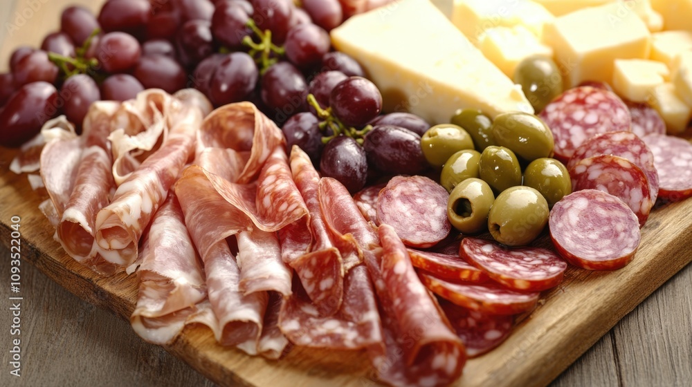 A selection of cured meats, cheeses, olives, and grapes arranged on a platter A selection of cured meats, cheeses, olives, and grapes arranged on a platter