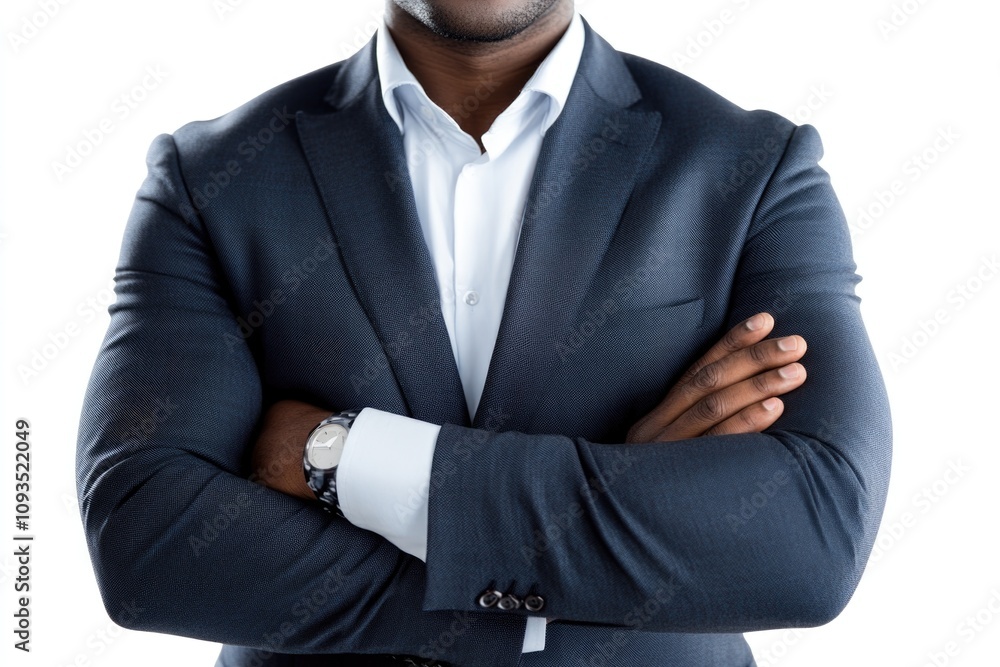 A businessman standing with his arms crossed, wearing a suit and possibly preparing for a meeting or presentation A businessman standing with his arms crossed, wearing a suit and possibly preparing for a meeting or presentation
