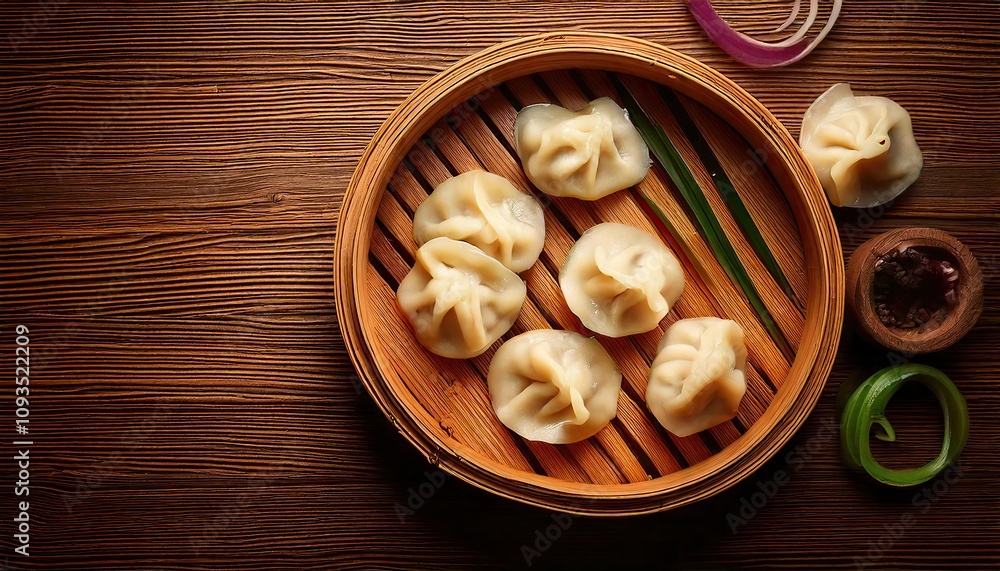 Overhead view of fresh Chinese dumplings on a wooden table Overhead view of fresh Chinese dumplings on a wooden table