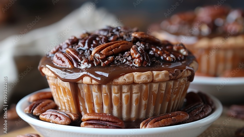 Delightful pecan pie topped with rich chocolate and toasted nuts served on a rustic wooden table. Generative AI Delightful pecan pie topped with rich chocolate and toasted nuts served on a rustic wooden table. Generative AI