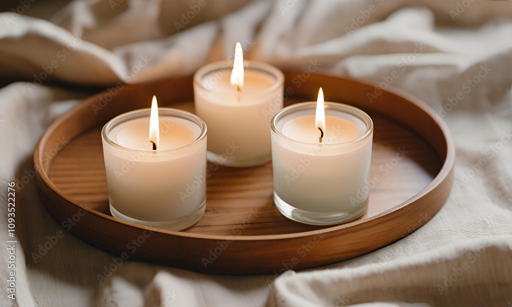 Neutral Color Candles with a subtle scent diffuser on a wooden tray Neutral Color Candles with a subtle scent diffuser on a wooden tray