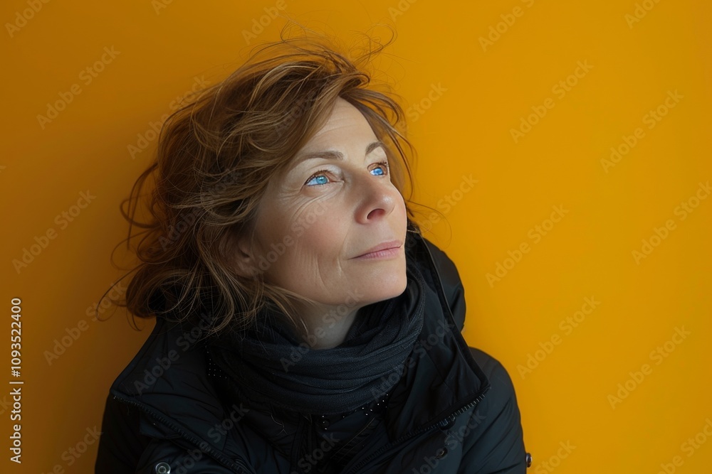 Thoughtful Slovak Woman Looking Up on Yellow Background for Idea Concept