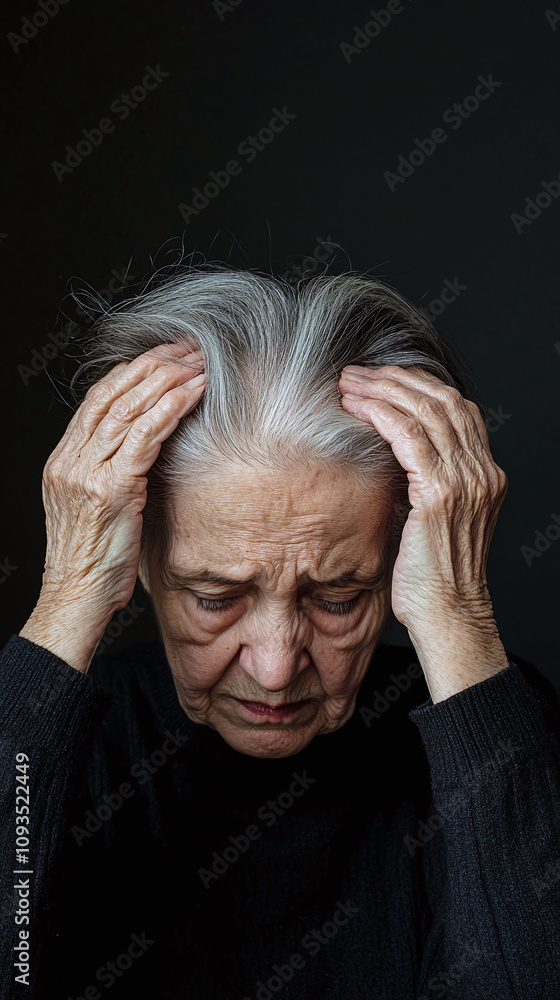 Elderly woman with sparse wispy gray hair that reveals areas of scalp visibility Elderly woman with sparse wispy gray hair that reveals areas of scalp visibility