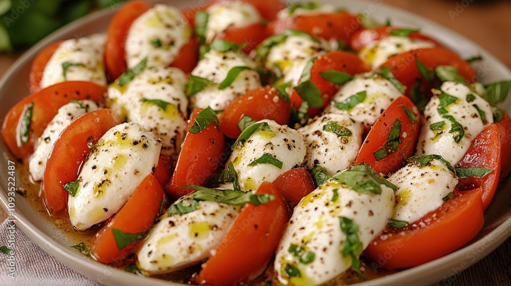 Fresh Caprese Salad with Basil and Tomatoes on a Rustic Plate Fresh Caprese Salad with Basil and Tomatoes on a Rustic Plate