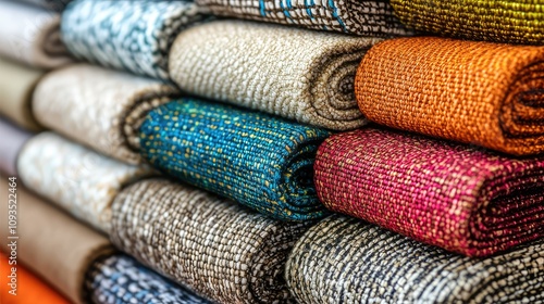 Colorful Textiles Rolled Up in Neat Rows Displaying Various Patterns and Textures, Ideal for Home Decor, Fashion, and Interior Design Projects