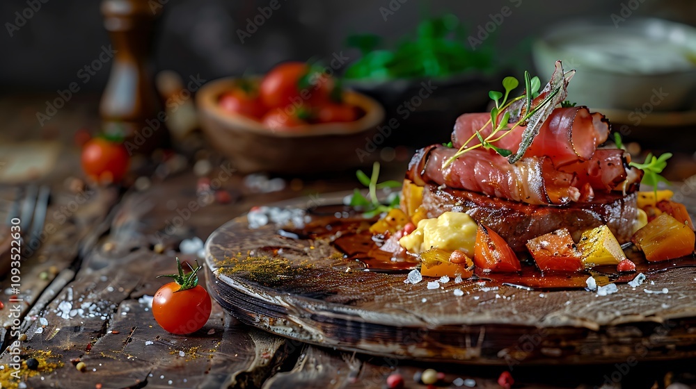 A close-up of a delicious, freshly prepared gourmet meal on a rustic wooden table. ISO EOS R6 Mark II Mirrorless +8 A close-up of a delicious, freshly prepared gourmet meal on a rustic wooden table. ISO EOS R6 Mark II Mirrorless +8