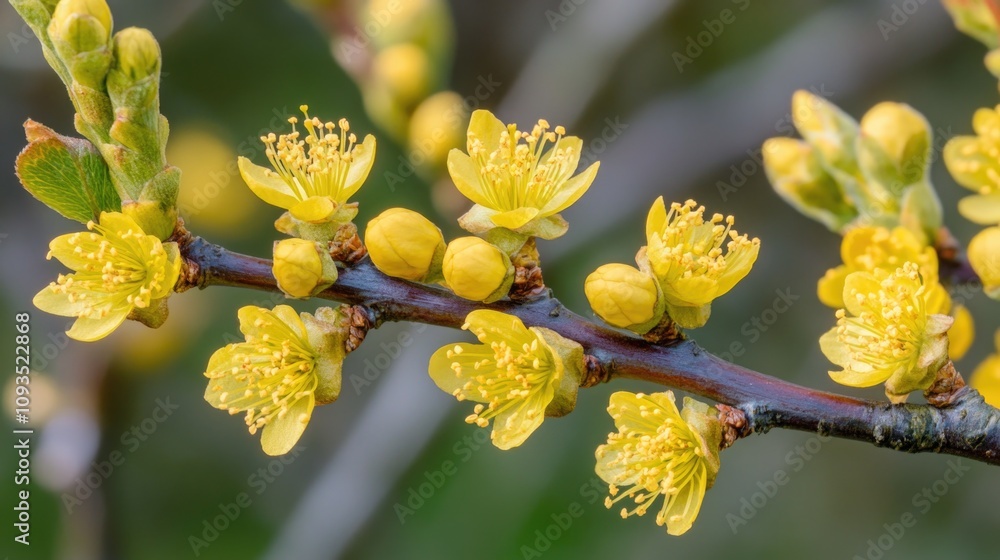 A close-up view of a tree branch with bright yellow flowers, perfect for adding some natural beauty to your design or project A close-up view of a tree branch with bright yellow flowers, perfect for adding some natural beauty to your design or project