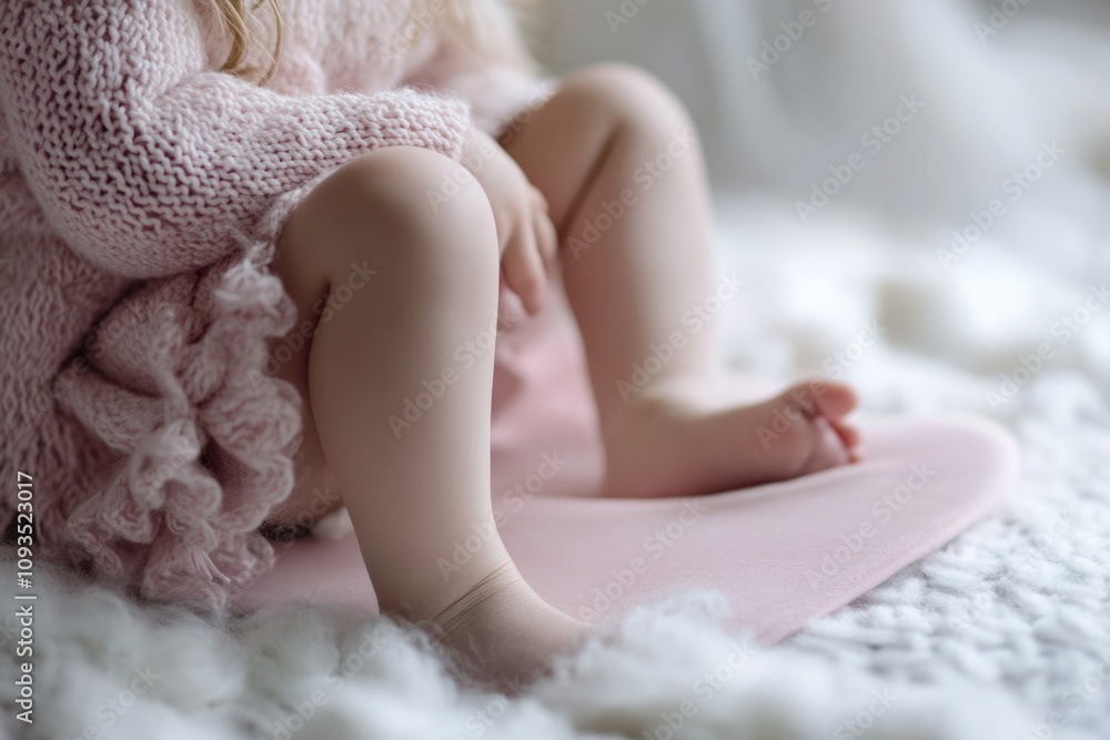 A young child sits on top of a bright pink blanket, looking curious A young child sits on top of a bright pink blanket, looking curious