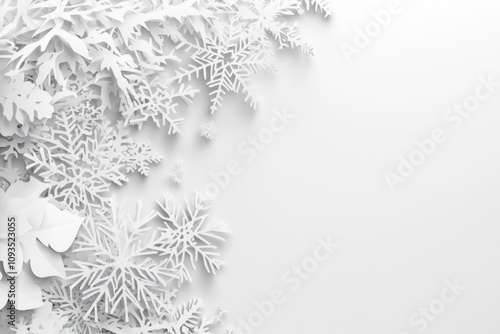 Winter background with snowflakes, paper-cut style, white color, white space on the left side of the composition Generative AI