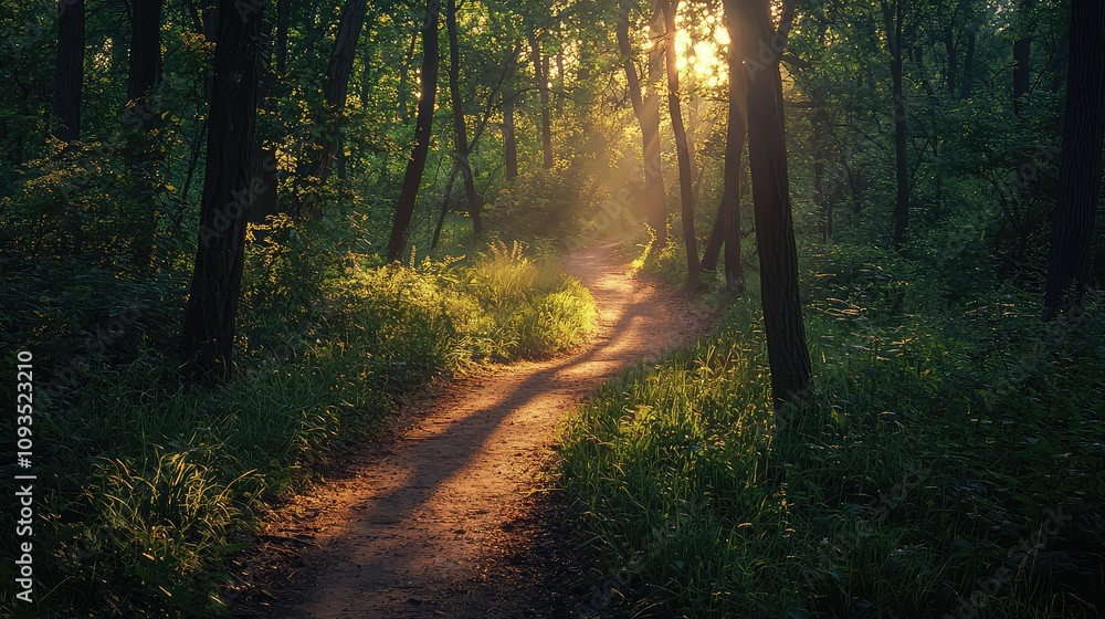 Fototapeta premium Serene Forest Path Illuminated by Gentle Sunlight, Surrounded by Lush Greenery and Tall Trees, Creating a Peaceful Natural Atmosphere Ideal for Nature Lovers