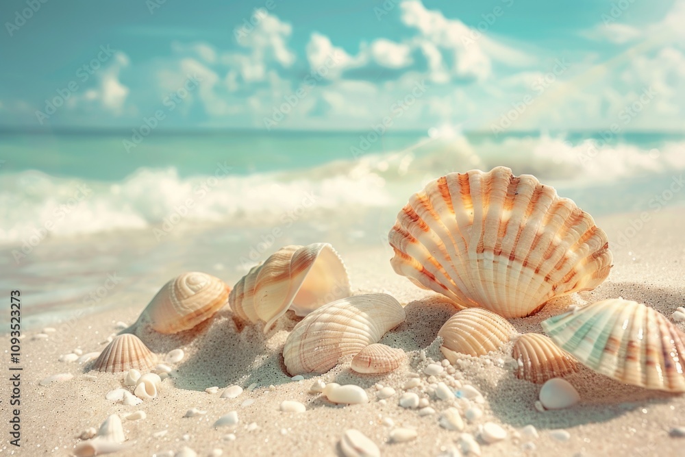 Coastal scene with seashells and sand, suitable for travel or nature-inspired designs Coastal scene with seashells and sand, suitable for travel or nature-inspired designs