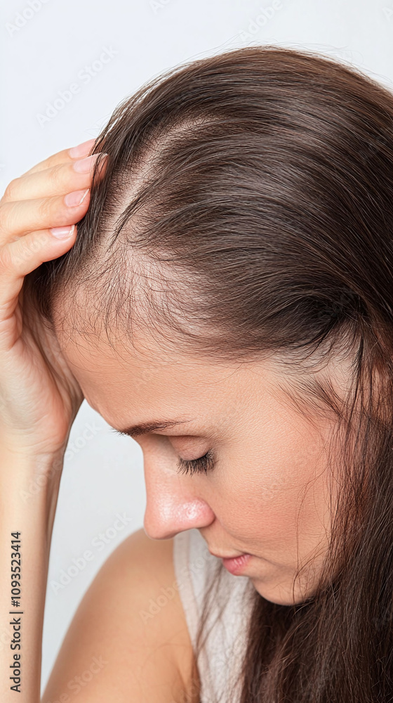 Older woman with overall decreased hair density her scalp increasingly visible through the thinning Older woman with overall decreased hair density her scalp increasingly visible through the thinning
