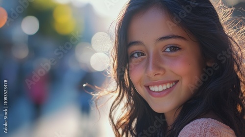 A young girl with long dark hair and a bright smile looking directly into the camera