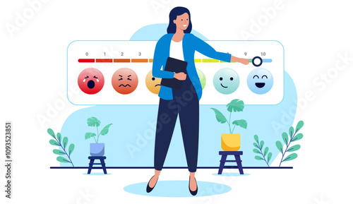 Customer evaluation - Woman in business looking at company ratings and feedback showing top rating and satisfied users and customers. Flat design vector illustration with white background