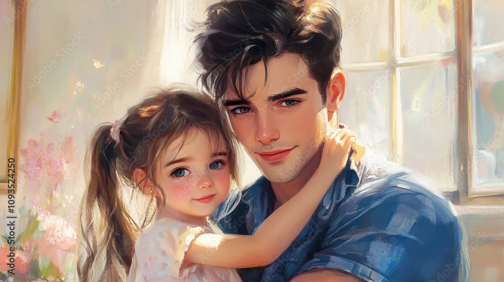 Young man tenderly embraces his adorable daughter. Young man tenderly embraces his adorable daughter.