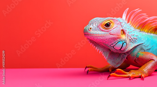 Vibrant Iguana Basking in a Colorful Backdrop of Pink and Red Hues