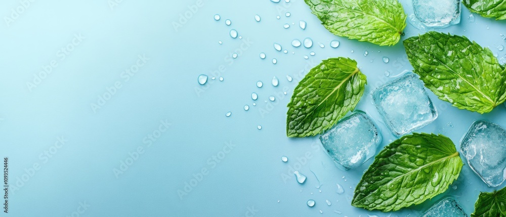 Fresh mint leaves and ice cubes on a blue background with water droplets. Fresh mint leaves and ice cubes on a blue background with water droplets.
