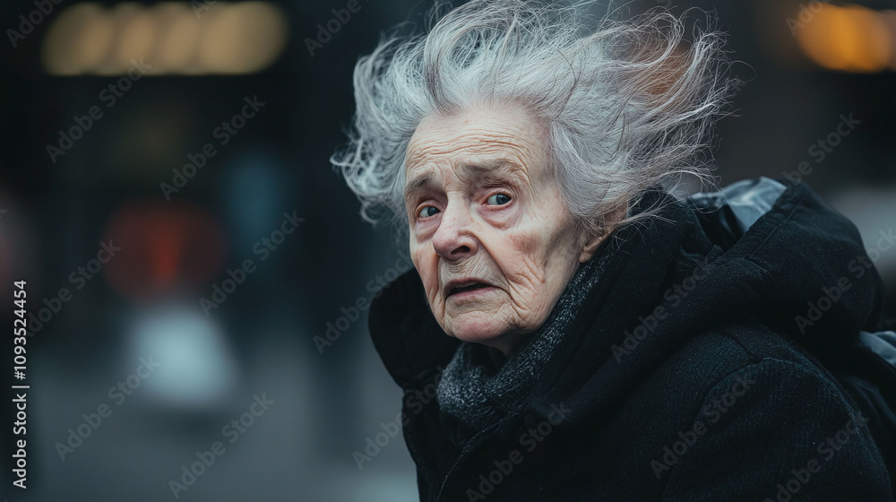 Older woman with thin flyaway gray hair sticking up in random directions appearing disheveled Older woman with thin flyaway gray hair sticking up in random directions appearing disheveled