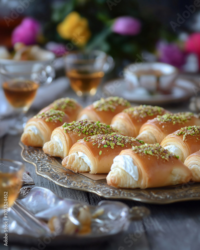 Crescent-shaped atayef pastries filled with ashta cream, topped with pistachios and drizzled with orange blossom syrup. Festive table setting with tea glasses and flowers in the blurred background. photo