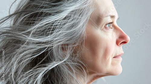 Older woman with thin flyaway gray hair sticking up in random directions appearing disheveled photo