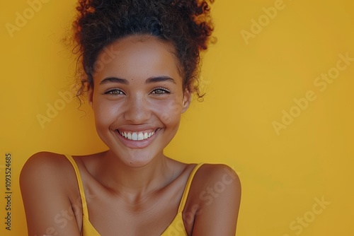 African American Woman Smiling with Arms Crossed on Yellow Background