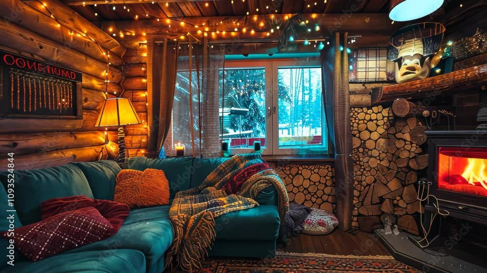 A cozy living room with a fireplace and warm lights creates a magical ambiance, Vibrant lights creating a magical ambiance in a cozy cabin A cozy living room with a fireplace and warm lights creates a magical ambiance, Vibrant lights creating a magical ambiance in a cozy cabin