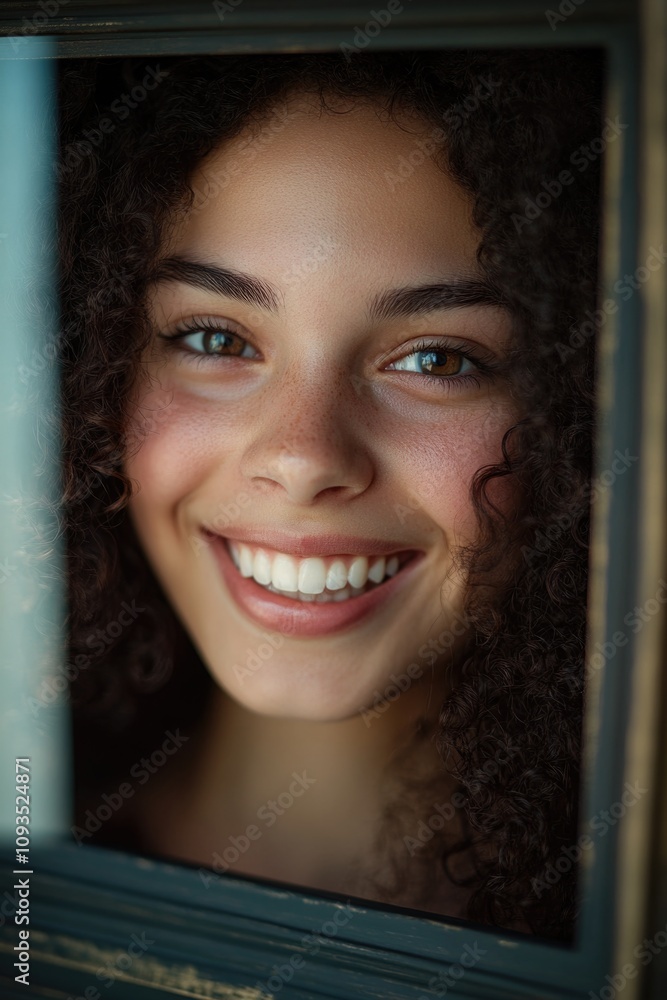 A smiling woman looks out of a window with a peaceful expression A smiling woman looks out of a window with a peaceful expression