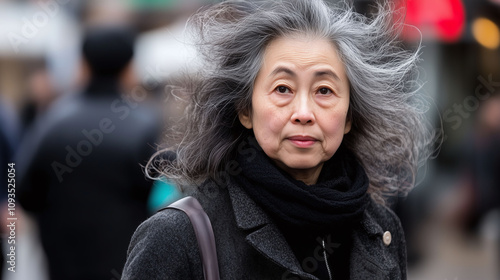 Older woman with thin flyaway gray hair sticking up in random directions appearing disheveled photo