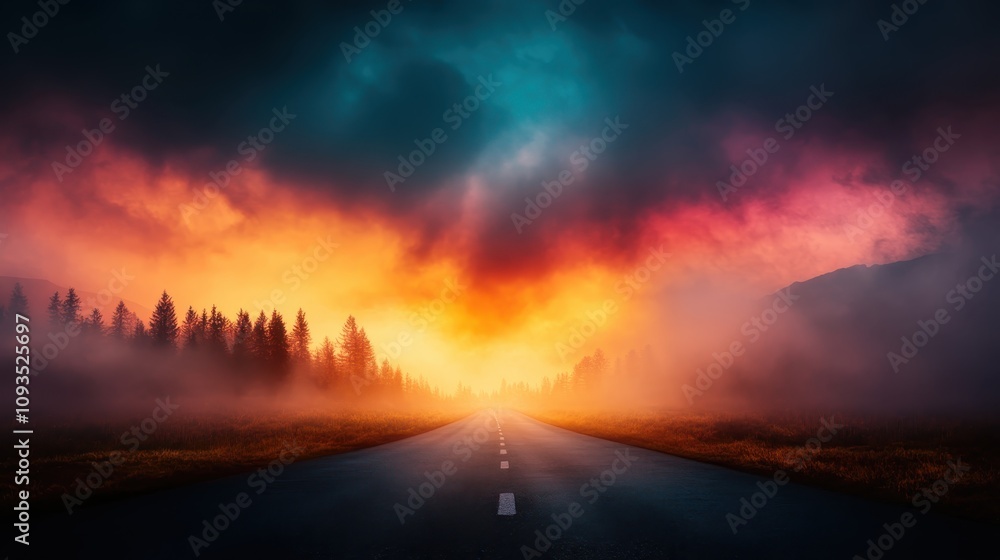 Naklejka premium An empty road stretches into a misty foreground surrounded by trees, leading towards a captivating horizon where warm colors fuse with cloudy skies.