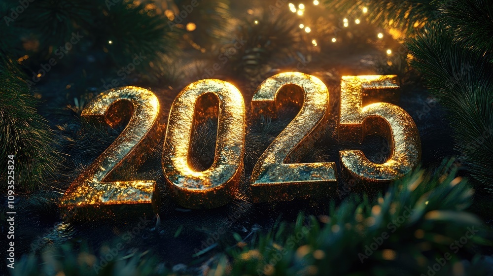 Golden 2025 New Year's numbers in a dark forest. Golden 2025 New Year's numbers in a dark forest.