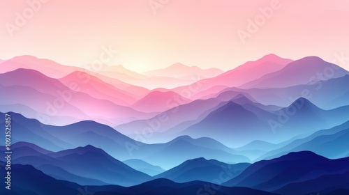 A serene gradient landscape of layered mountains at sunset.