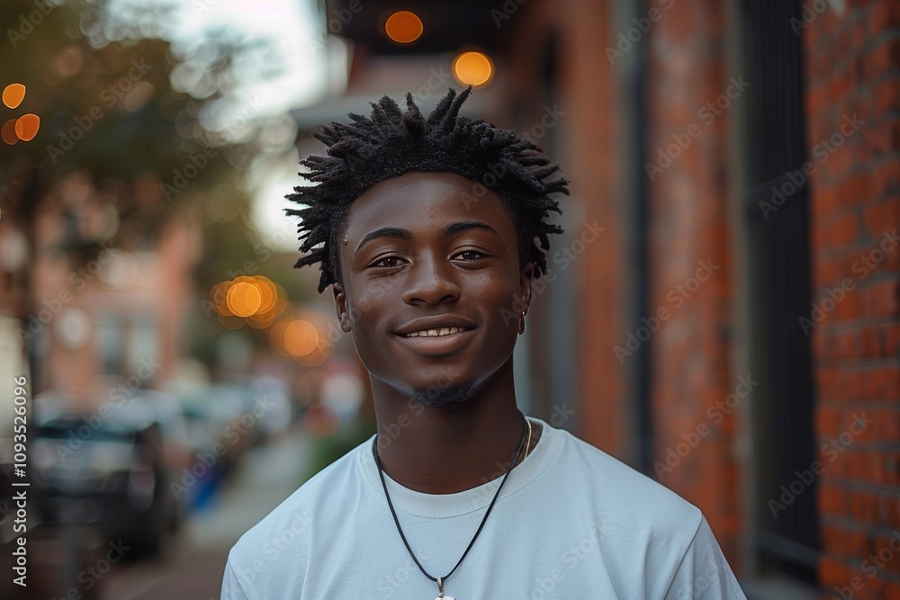 Fototapeta premium Smiling African American Teenager in Downtown for Casual Friendly Portrait