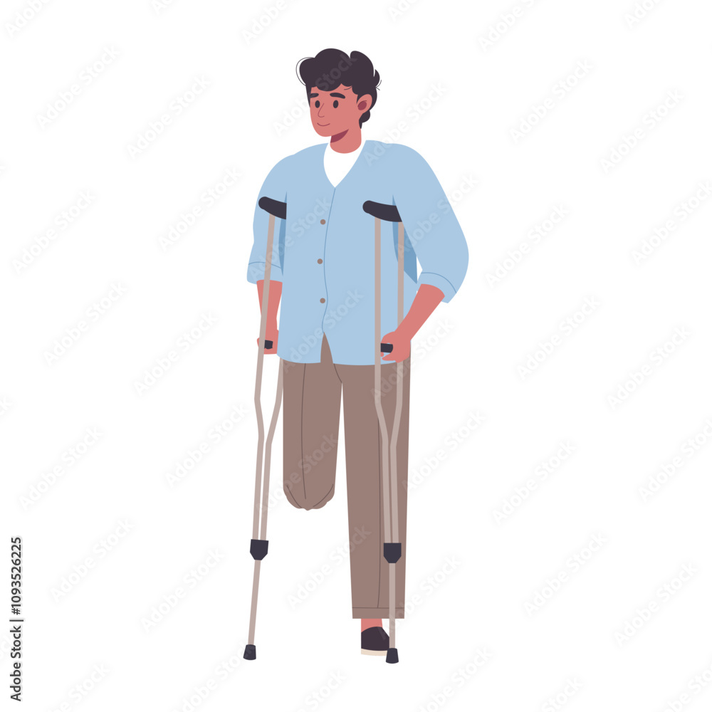 One-legged man on crutches, leg amputation. Invalid handicapped male character without leg flat vector cartoon illustration. Disabled person on white. Inclusion concept. Healthcare Disability One-legged man on crutches, leg amputation. Invalid handicapped male character without leg flat vector cartoon illustration. Disabled person on white. Inclusion concept. Healthcare Disability