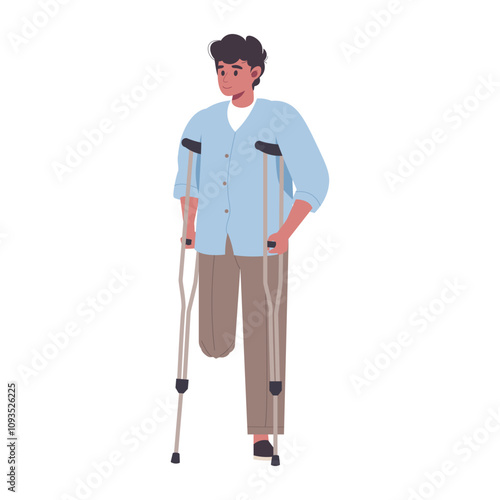 One-legged man on crutches, leg amputation. Invalid handicapped male character without leg flat vector cartoon illustration. Disabled person on white. Inclusion concept. Healthcare Disability