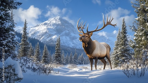 A majestic elk standing tall in a snow-covered valley with its massive antlers framed by a backdrop of evergreen trees and distant peaks photo