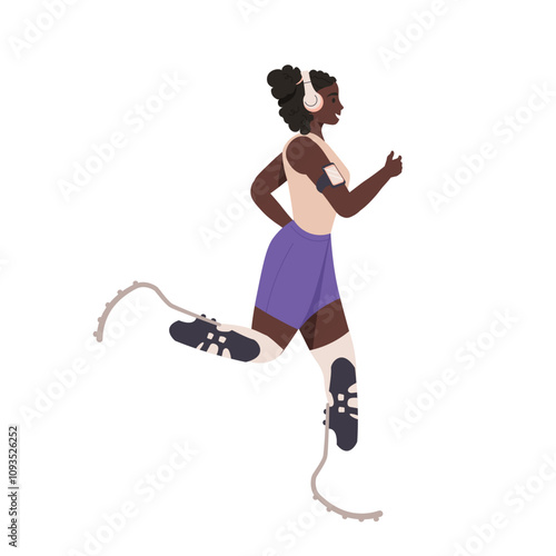 Woman jogging, running with leg prosthetic. Afro American female character athlete disabled person doing sport or cardio exercise. Active runner with prosthetic leg flat vector cartoon illustration.