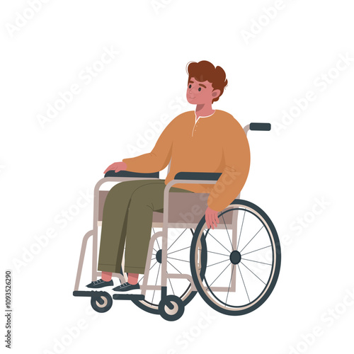 Smiling man sitting in wheelchair. Disabled male character in wheelchair flat vector cartoon illustration isolated on white. Social inclusion of people with physical disability. Health care concept.