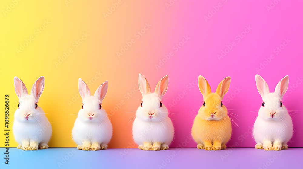 Colorful Rabbits Lined up Against a Vibrant Gradient Background Showcasing Diversity in Nature Colorful Rabbits Lined up Against a Vibrant Gradient Background Showcasing Diversity in Nature